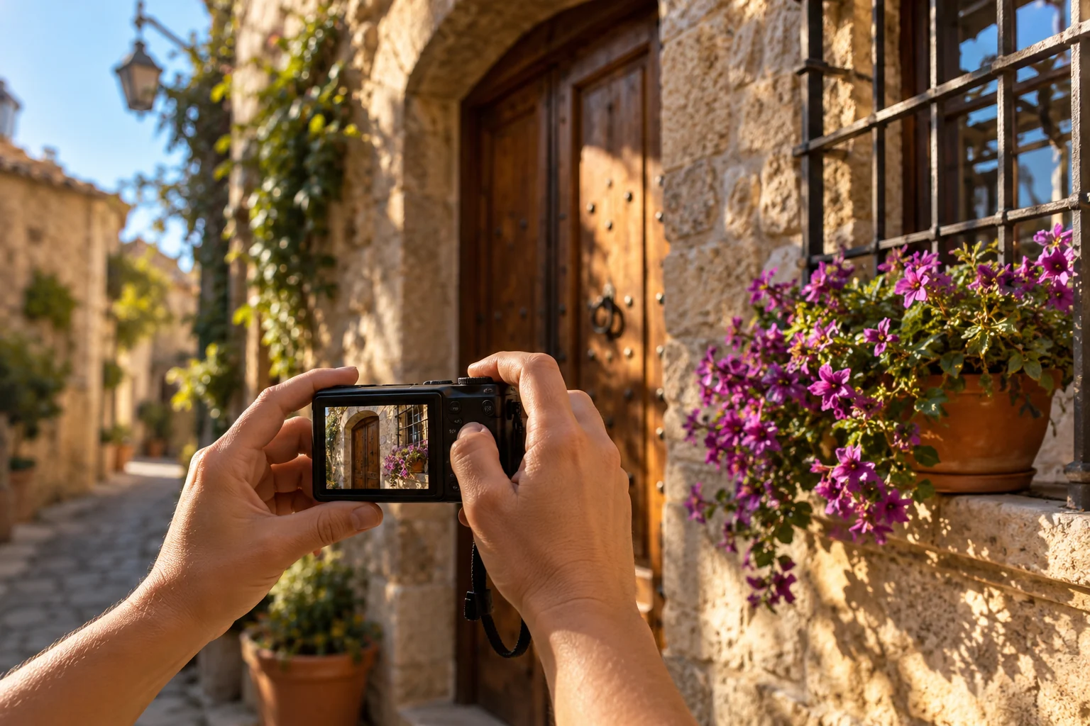 Taş sokaktaki ayrıntıyı fotoğraflayan yolcunun elleri