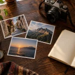 Seyahat anılarını düzenlemek için fotoğraflar, defter ve fotoğraf makinesi