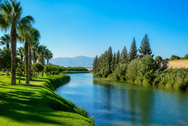 Kıbrıs Lefkoşa'da nehir kenarında park ve palmiye ağaçlarıyla güneşli bir gün manzarası