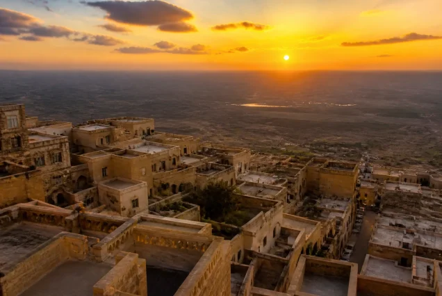 Mezopotamya ovası ve tarihi Mardin taş evlerinin gün batımındaki manzarası