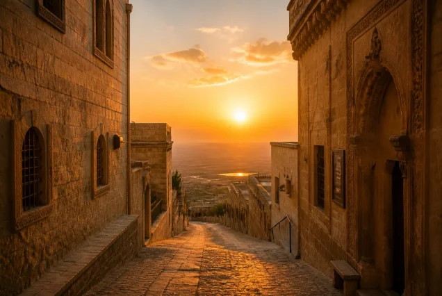 Gün batımında tarihi Mardin taşları ve dar sokakları.