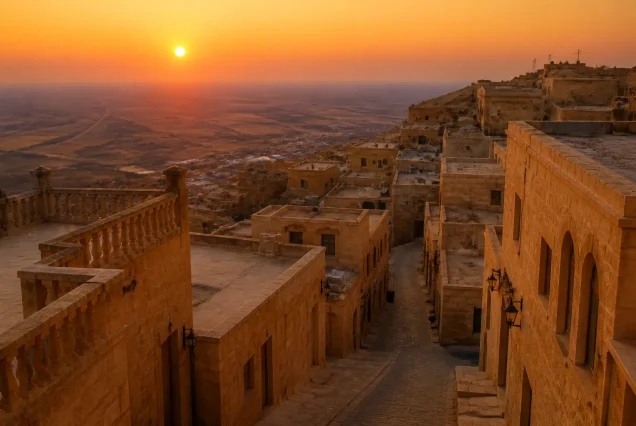 Mezopotamya ovası ve tarihi Mardin taş evlerinin gün batımındaki manzarası