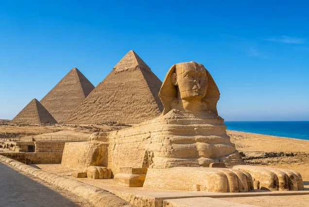 Kahire’de Giza Piramitleri ve Sfenks'in panoramik görüntüsü, arka planda Kızıldeniz kıyısı