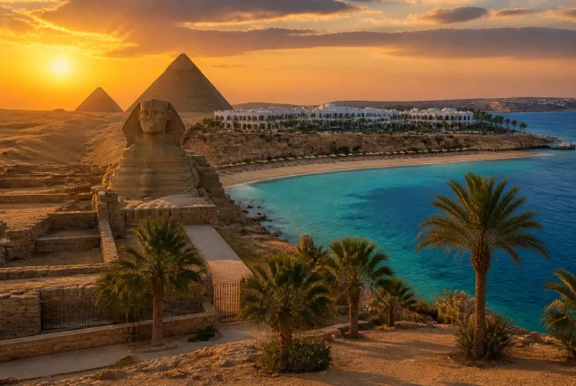 Kahire piramitleri ve Sfenks ile Sharm El Sheikh'in mavi denizi ve plajları