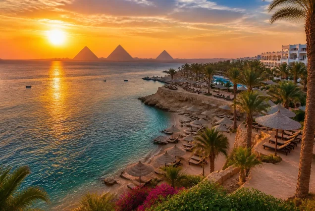 Kızıldeniz kıyısında gün batımı ve Giza Piramitleri manzarası