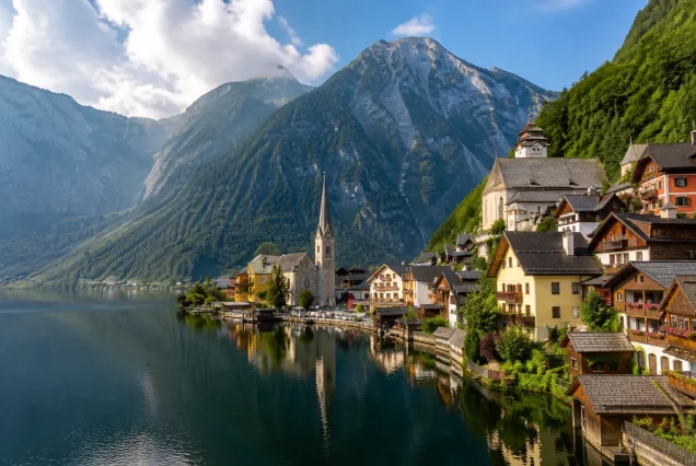 Hallstatt kasabasında göl kıyısı, renkli ahşap evler ve arka planda Alpler