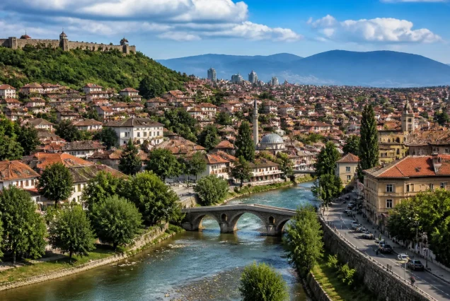 Balkan şehirlerinde tarihi camiler, köprüler, doğal göller ve mimari detayların yer aldığı panoramik görüntü.
