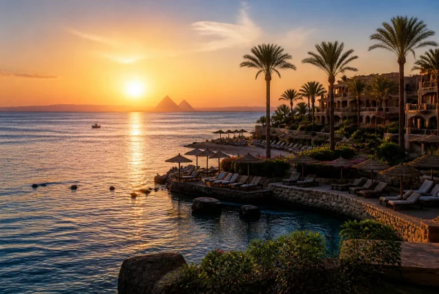 Kızıldeniz kıyısında gün batımı ve Giza Piramitleri manzarası