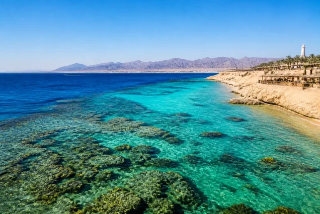 Sharm El Sheikh'in turkuaz denizi ve berrak gökyüzü altında güzel sahil manzarası