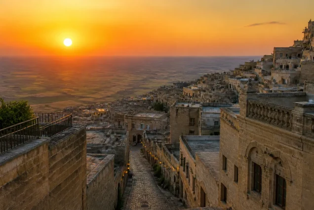 Mezopotamya ovası ve tarihi Mardin taş evlerinin gün batımındaki manzarası