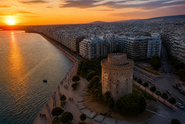 Selanik şehrinde Beyaz Kule ve Kordon boyunca gün batımı manzarası