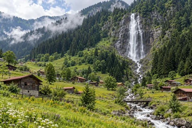 Ayder Gelin Tülü Şelalesi – yayla ve şelale panoraması