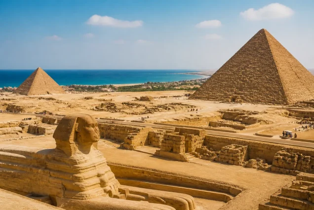 Kahire’de Giza Piramitleri ve Sfenks'in panoramik görüntüsü, arka planda Kızıldeniz kıyısı
