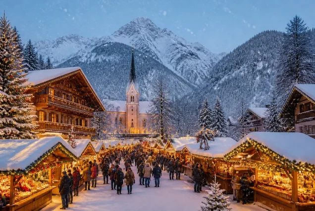 Kardan kaplı Alp Dağları önünde Bavyera Noel Pazarında renkli ışıklar ve süslemelerle dolu geleneksel pazar alanı
