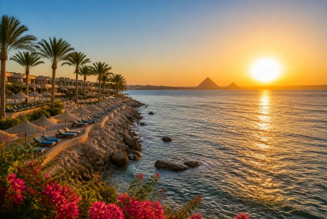 Kızıldeniz kıyısında gün batımı ve Giza Piramitleri manzarası