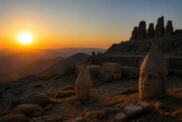 Nemrut Dağı'nın gün batımında tarihi heykelleri ve dağ manzarası