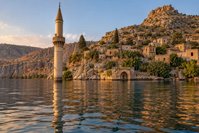 Halfeti Savaşan Köyü – su içindeki minareye tekne hizasından bakış