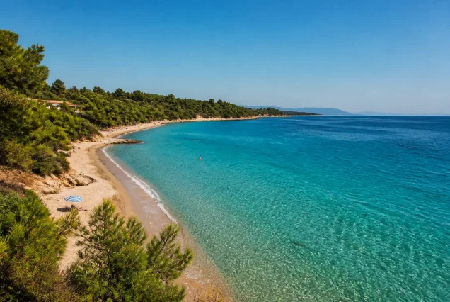 Halkidiki'nin güzel plajları ve berrak denizi, yemyeşil doğa ile çevrili sakin bir yaz günü manzarası