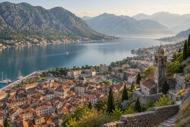 Kotor’un kırmızı çatılı tarihi merkezi ve körfezinin temsili görünümü — galeri görünümü 2