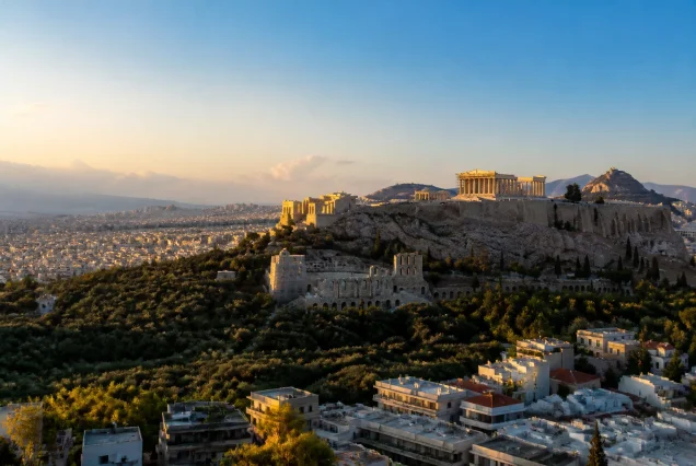Atina şehrinin gün batımında panoramik görünümü, tarihi binalar ve mavi gökyüzüyle