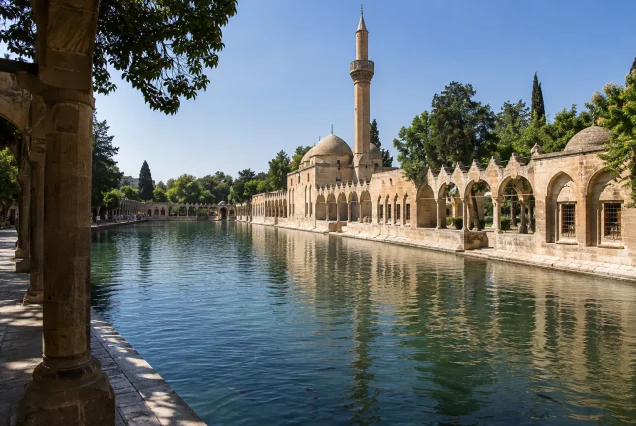 Şanlıurfa Balıklıgöl – kemerli cephe boyunca öğle görünümü