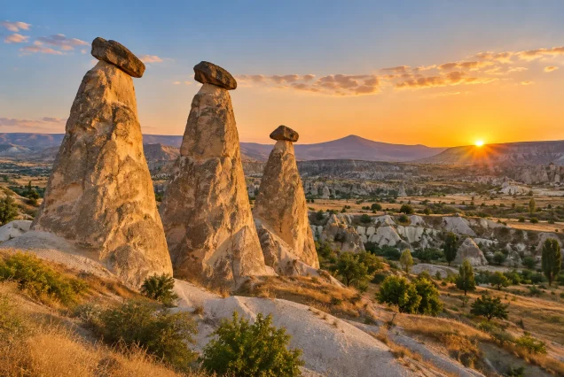 Kapadokya Ürgüp Üç Güzeller peri bacalarının gün doğumu manzarası