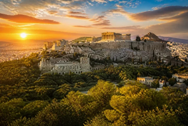 Atina'da gün batımında Akropolis ve Parthenon tarihi yapıları