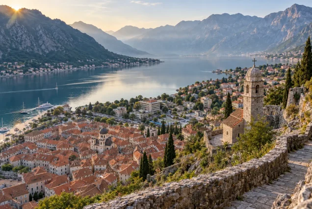 Kotor’un kırmızı çatılı tarihi merkezi ve körfezinin temsili görünümü