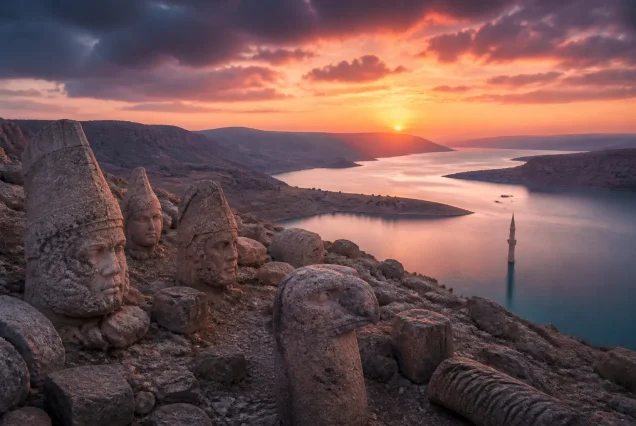 Nemrut Dağı'ndaki dev heykeller ve arka planda Fırat Nehri ile Halfeti'nin su altındaki minaresi, gün batımında doğal ve tarihi dokunun birleştiği manzara