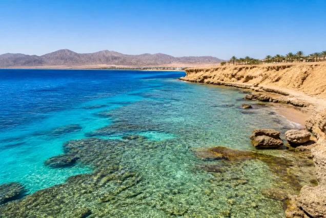 Mısır'ın Sharm El Sheikh şehrinde turkuaz renkte berrak deniz ve çöl manzarası ile güzel bir plaj görüntüsü.