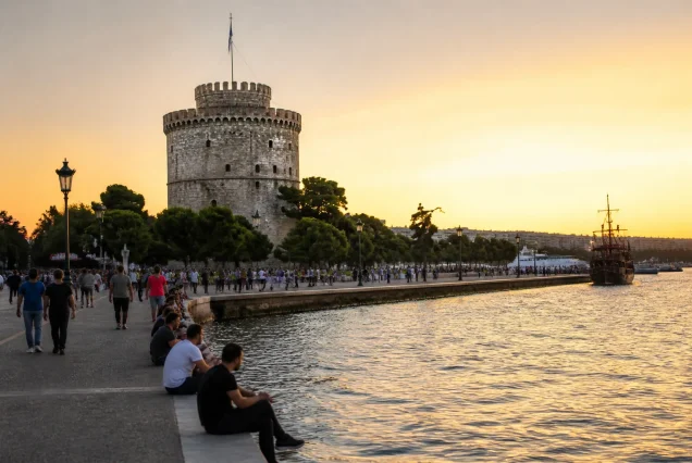 Selanik'in simgesi Beyaz Kule manzarası, gün batımında deniz kenarından görünüm